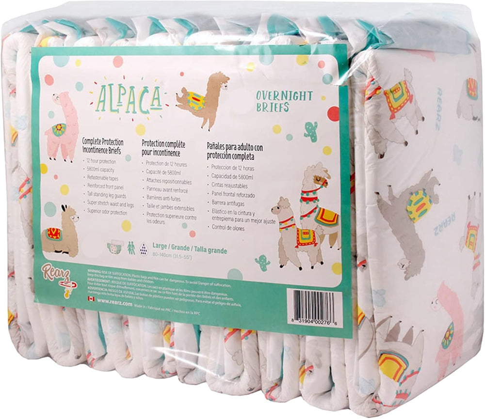 Rearz Alpaca adult nighttime diapers 12-pack box image for overnight protection