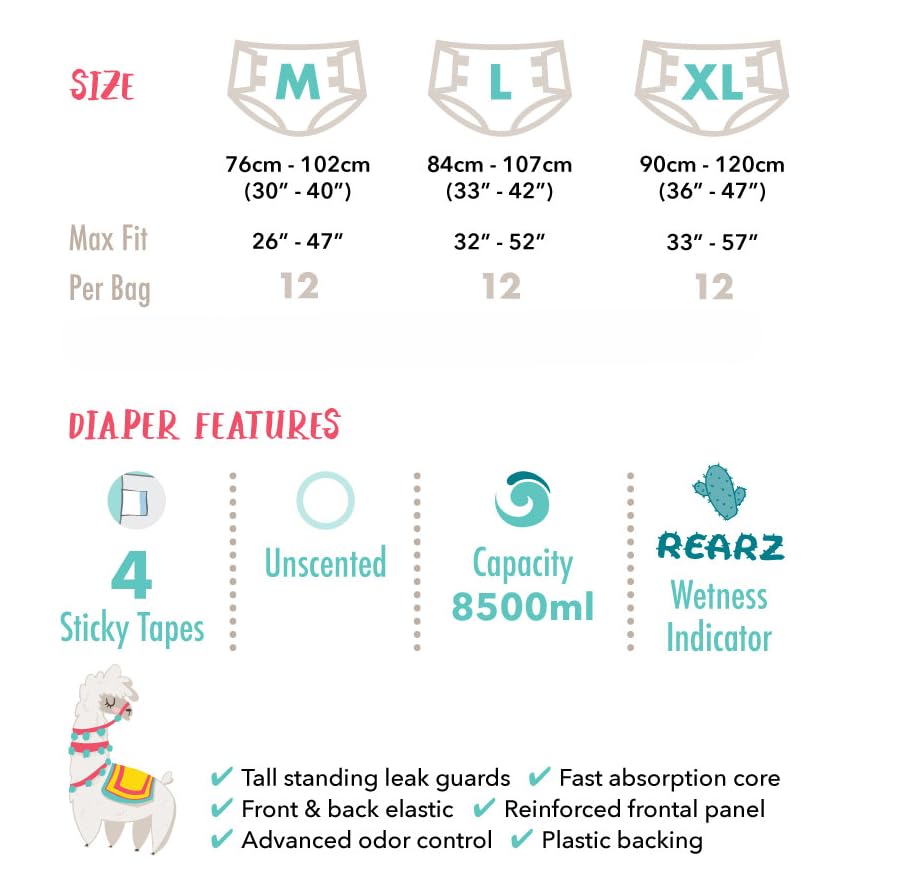X-Large waist guidance shows fit range for reliable overnight protection