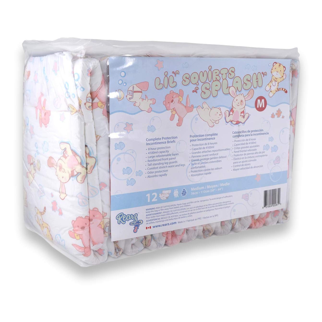 Rearz Lil' Squirts Splash absorbency view highlights tall leak guards and a snug fit.