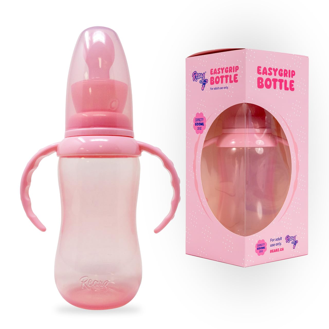 Rearz Pink Easy Grip bottle with 600ml capacity for easy feeding.