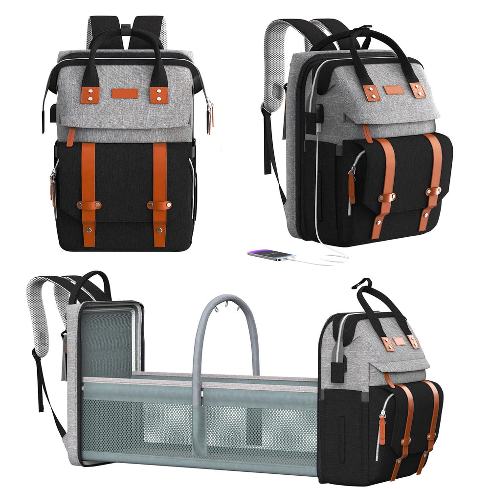 RECALLA diaper bag backpack with changing station unfolds into a clean, convenient changing space.
