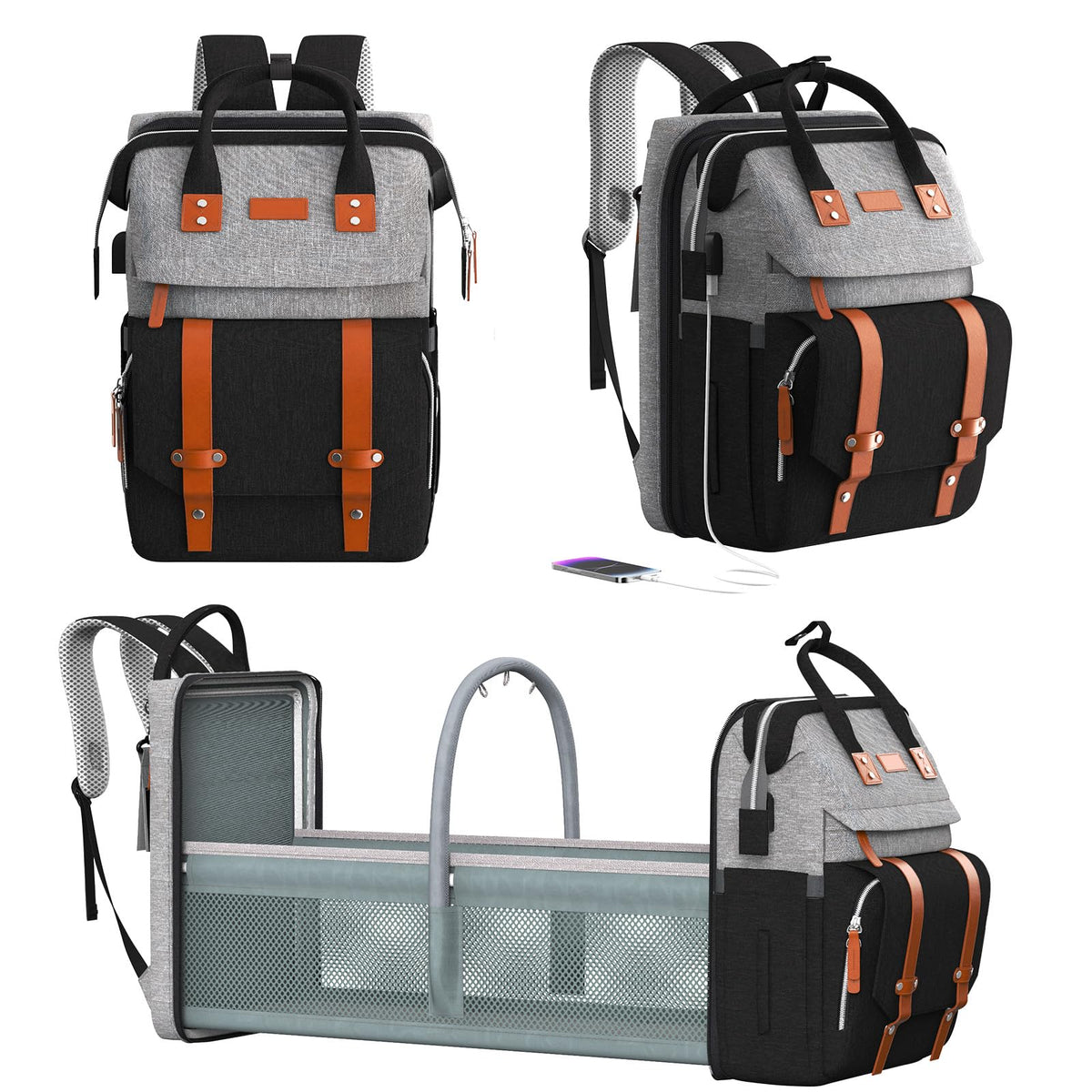 RECALLA diaper bag backpack with changing station unfolds into a clean, convenient changing space.