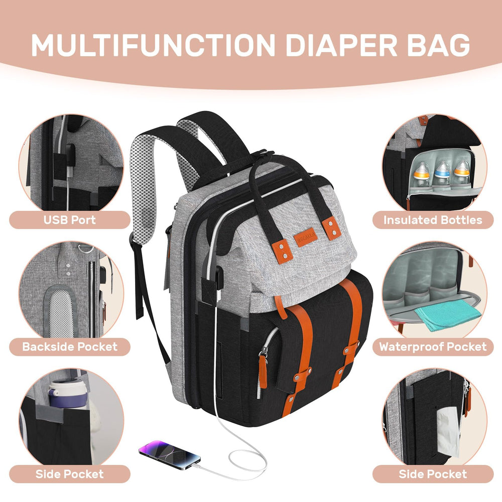 RECALLA diaper bag backpack includes insulated bottle holders for on-the-go beverages.