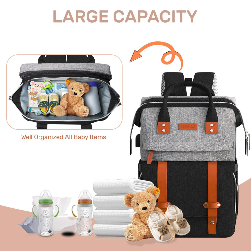 RECALLA diaper bag backpack offers large storage for diapers, wipes, and extras on trips.