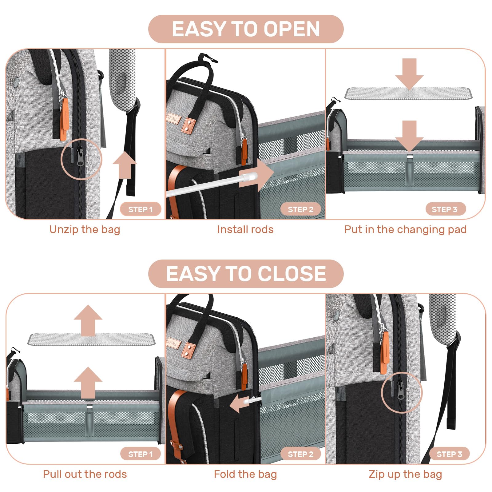 RECALLA diaper bag backpack features reinforced stitching and sturdy zippers for longevity.
