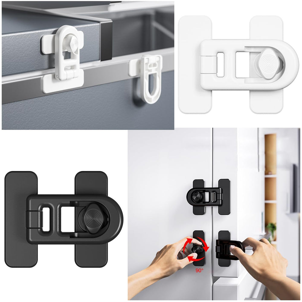 RecDec drawer latch securing a cabinet drawer without tools