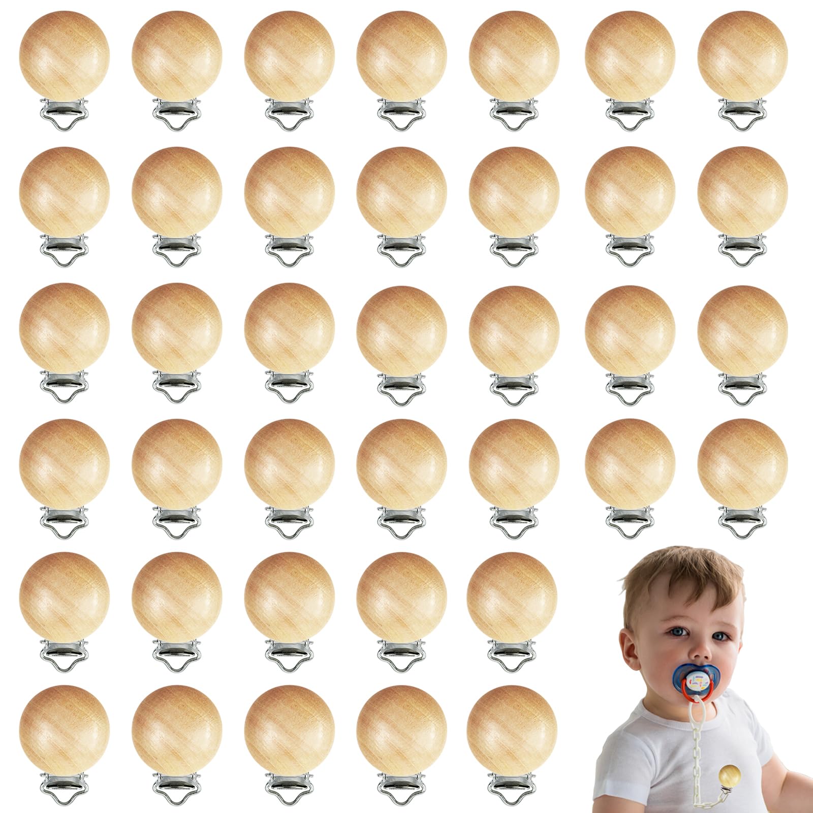 REDANHA 38-piece wood pacifier clips close-up shows natural beech wood finish.