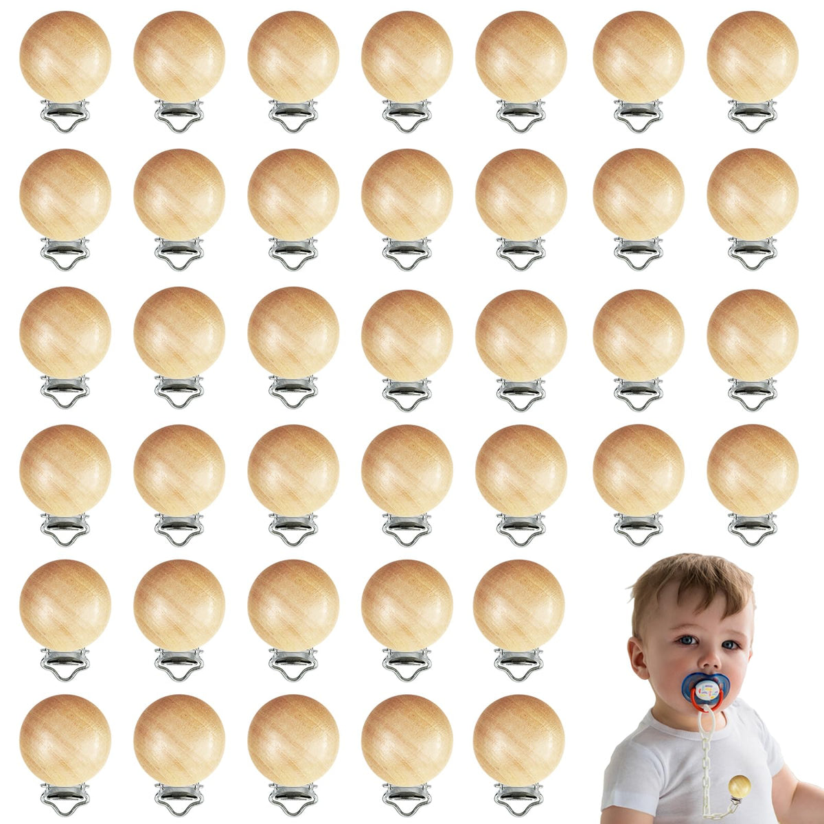 REDANHA 38-piece wood pacifier clips close-up shows natural beech wood finish.