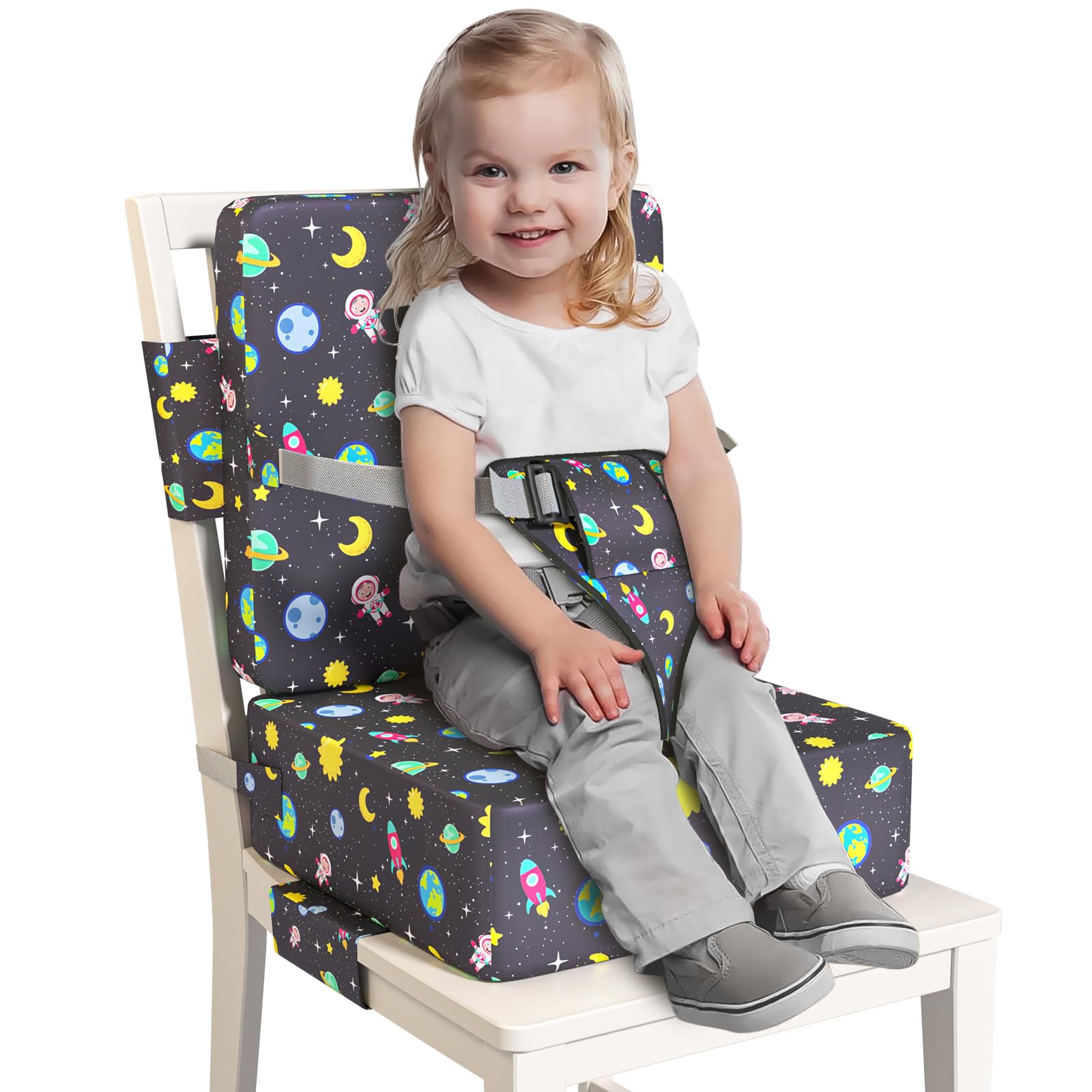 Redcoutt booster seat with extended straps fits most chairs for safe meals.