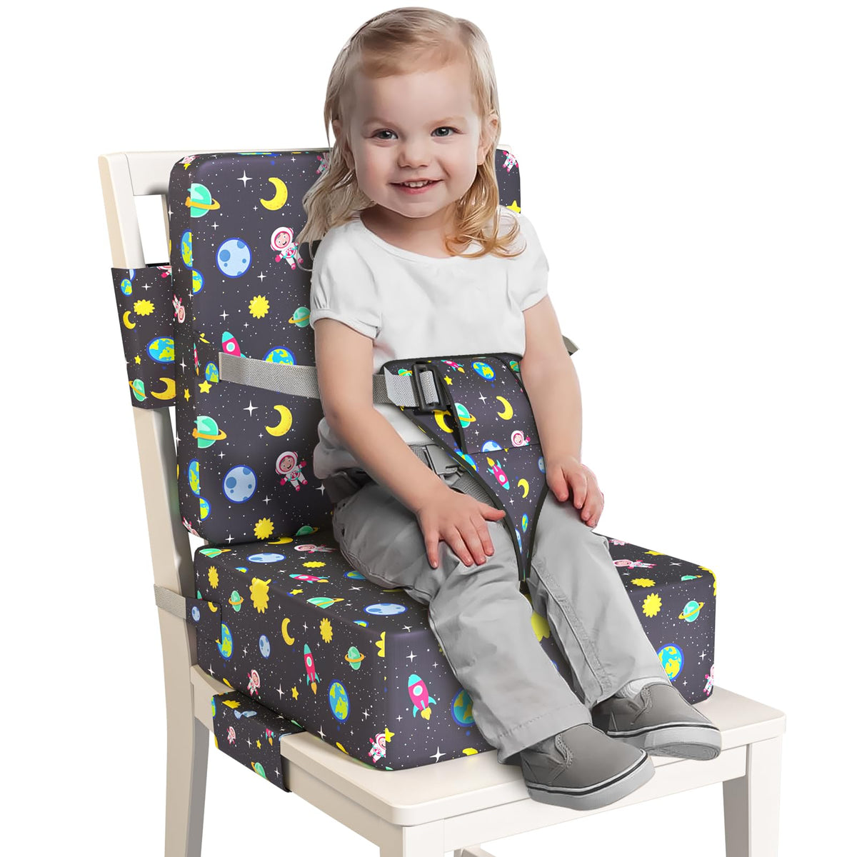 Redcoutt booster seat with extended straps fits most chairs for safe meals.