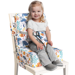 Redcoutt booster seat with extended straps ensures a secure fit on most dining chairs.