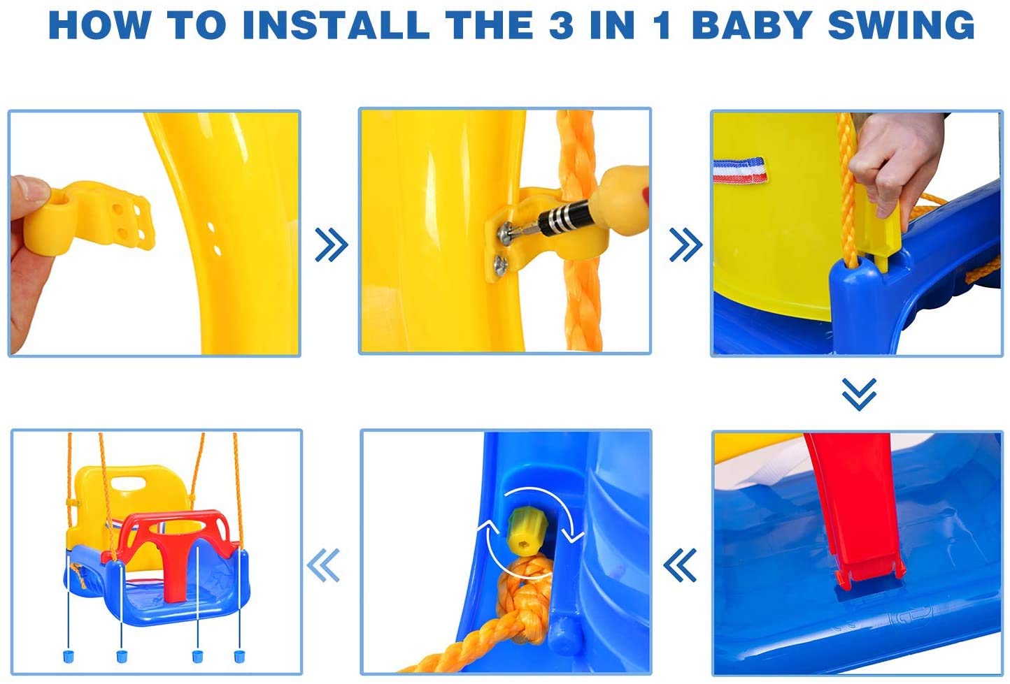 RedSwing detachable handrail and backrest shown, adaptable safety features for growing children.
