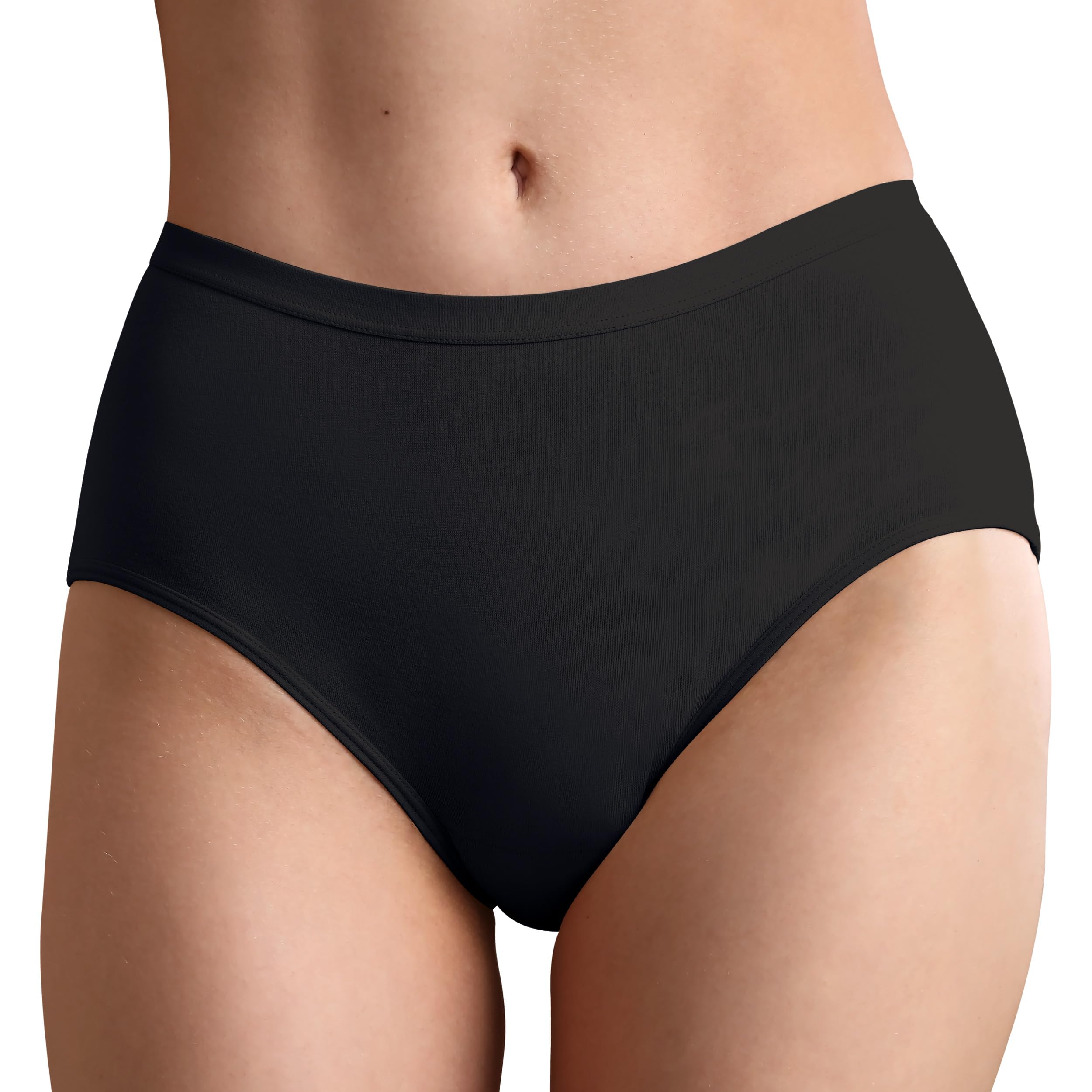 REELINDRY leak-proof underwear in black, front view shows discreet mid-waist silhouette.