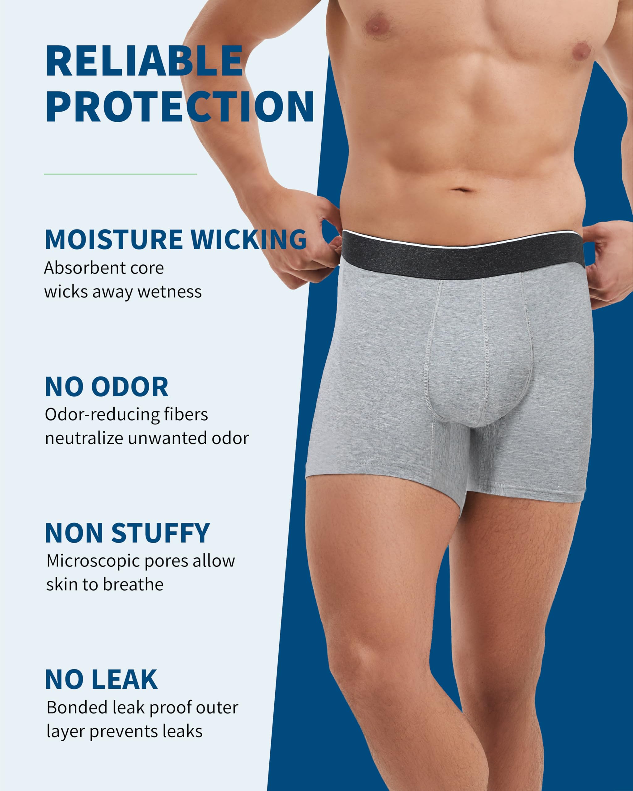 REELINDRY men's gray 2XL underwear on model highlighting comfortable, reusable protection.