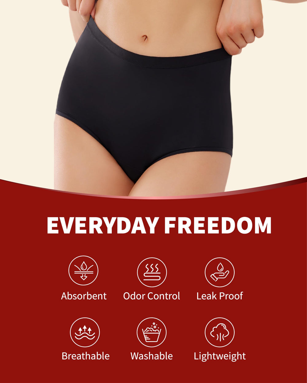REELINDRY wide seven-eight inch gusset shows enhanced coverage and leak prevention.