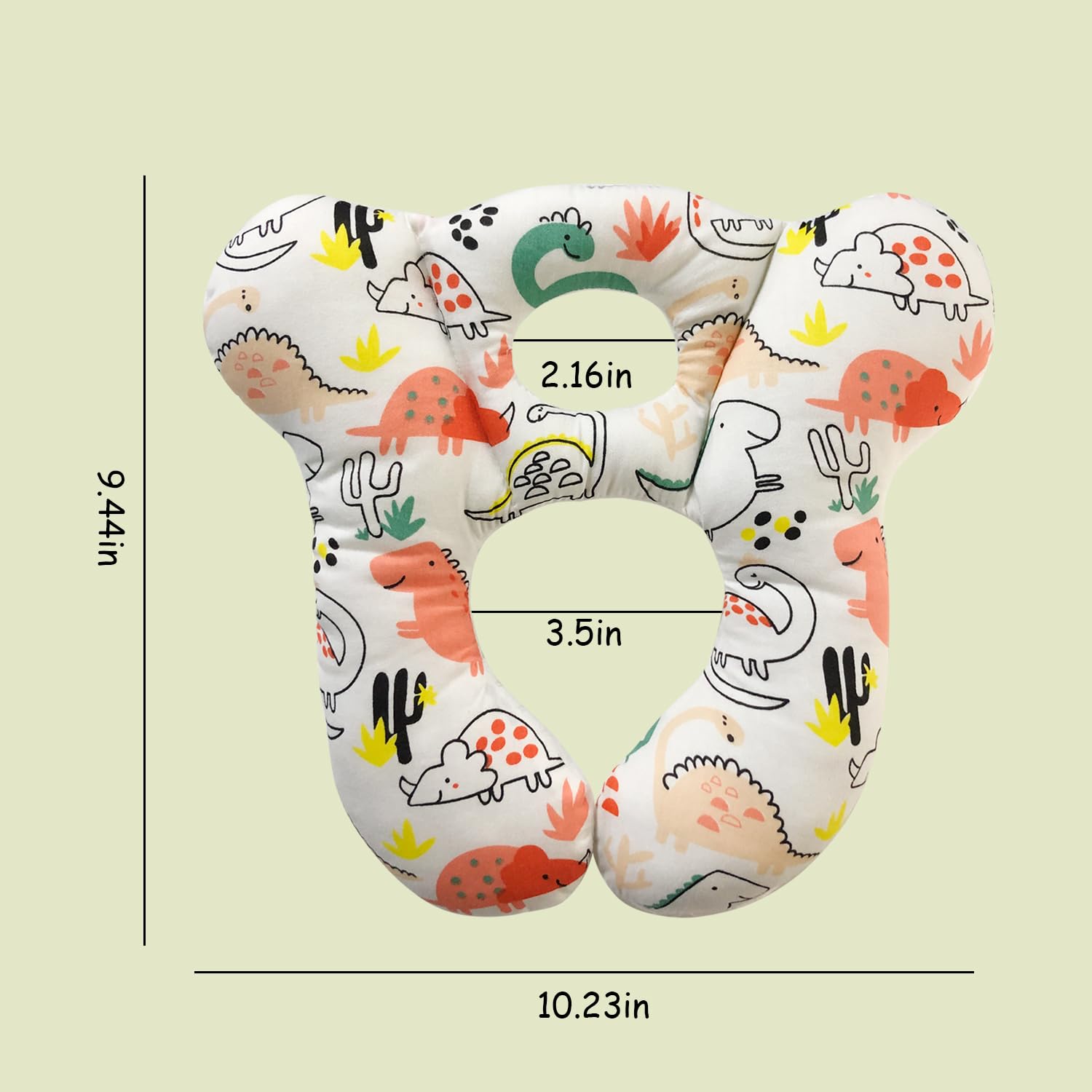 REFLYAWAY red dinosaur side pattern pillow supports neck on stroller outings.