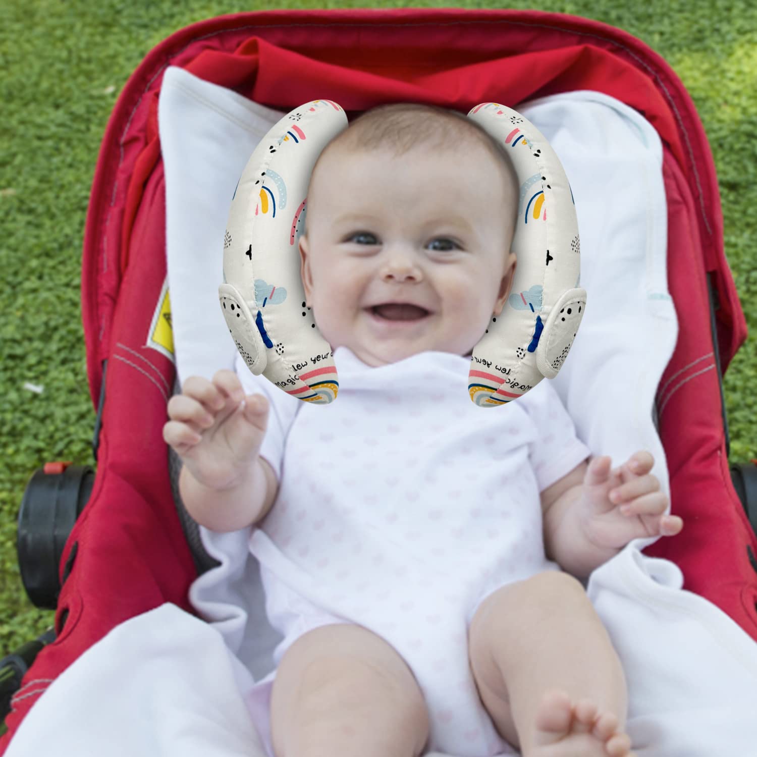 REFLYAWAY head-neck support shown in a stroller, stabilizing movement.