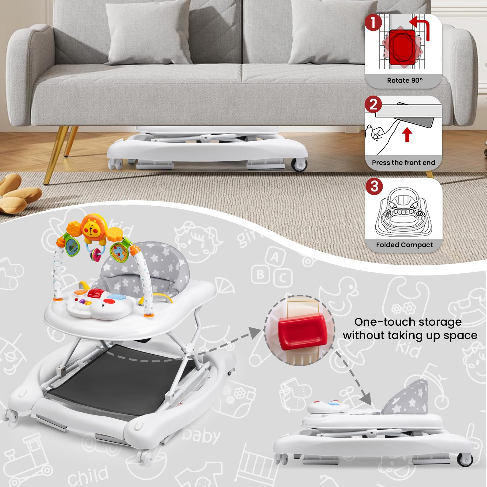 RefoereBabe walker fold remains compact for travel or storage