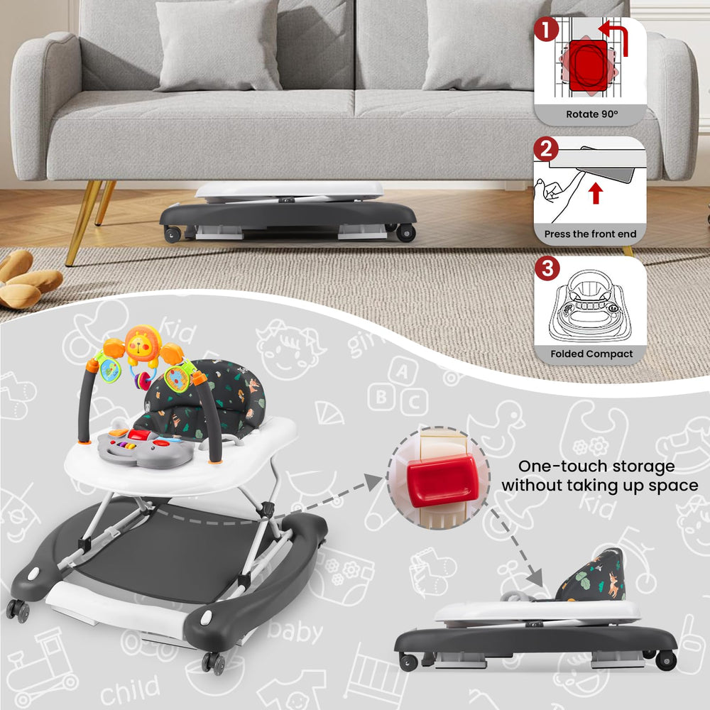 RefoereBabe walker with feeding tray supports snacking during supervised use.