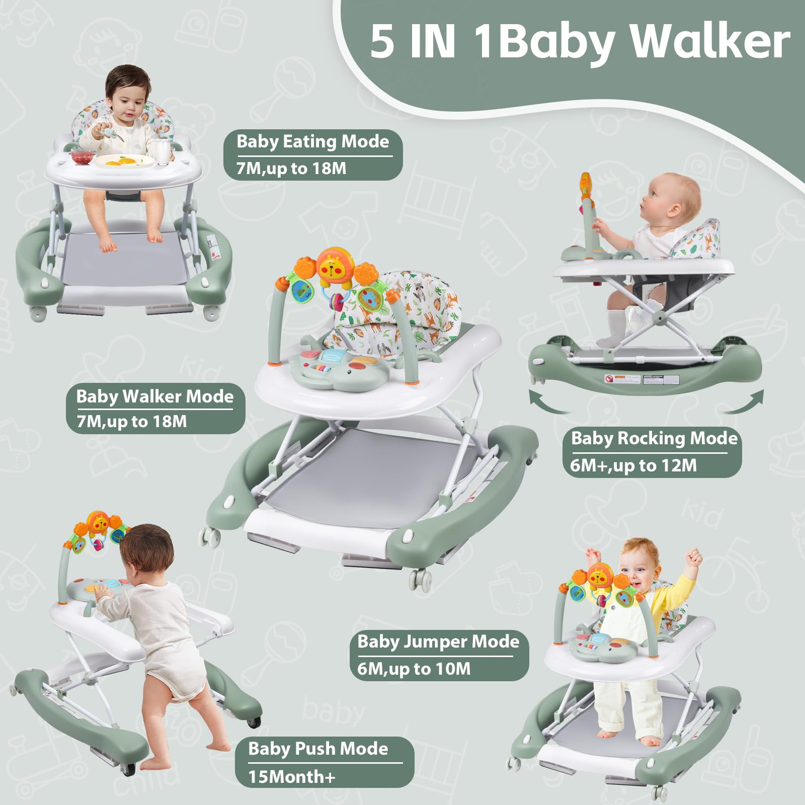 Adjustable height keeps baby at the right level for growth.