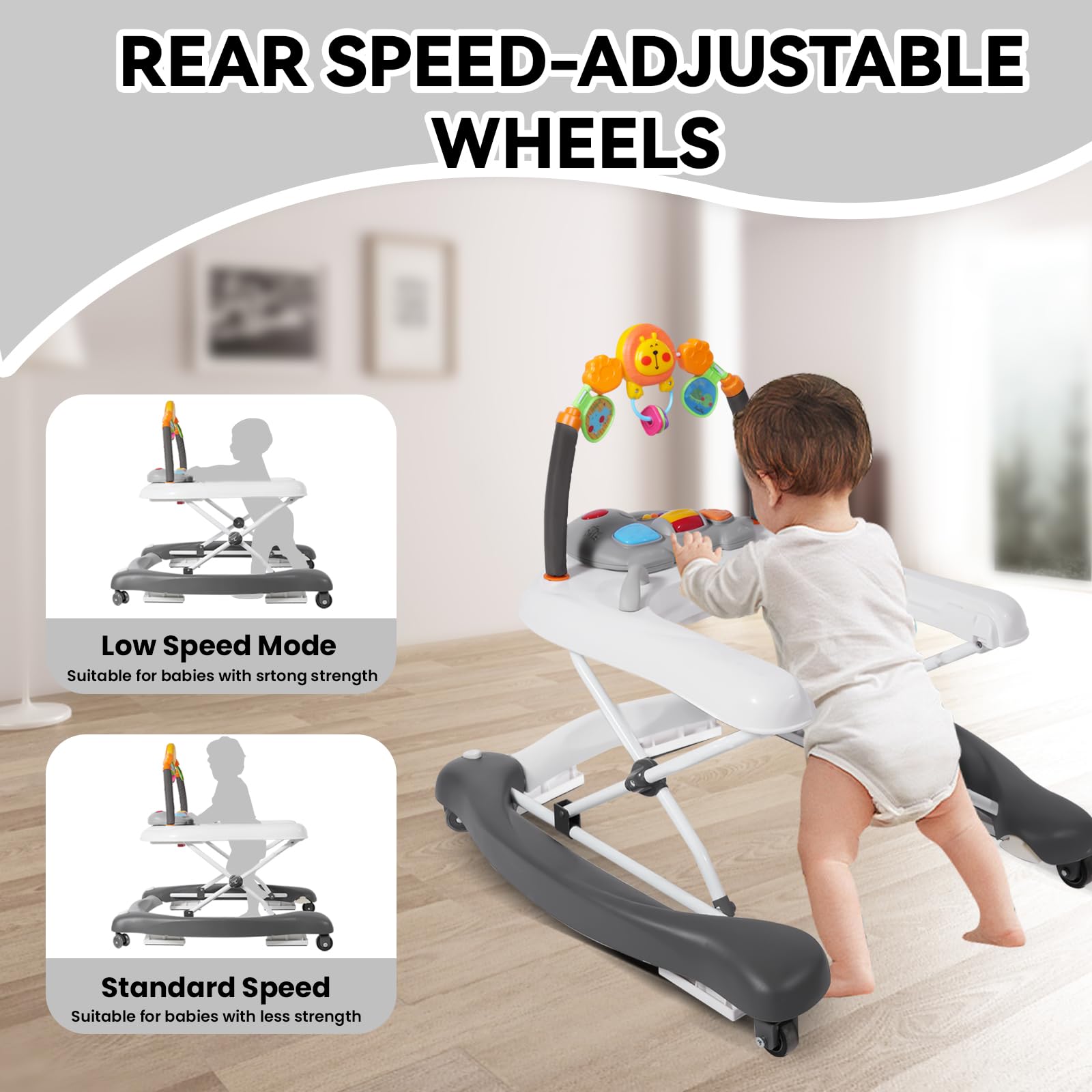 RefoereBabe walker in rocking mode helps calm babies during play.