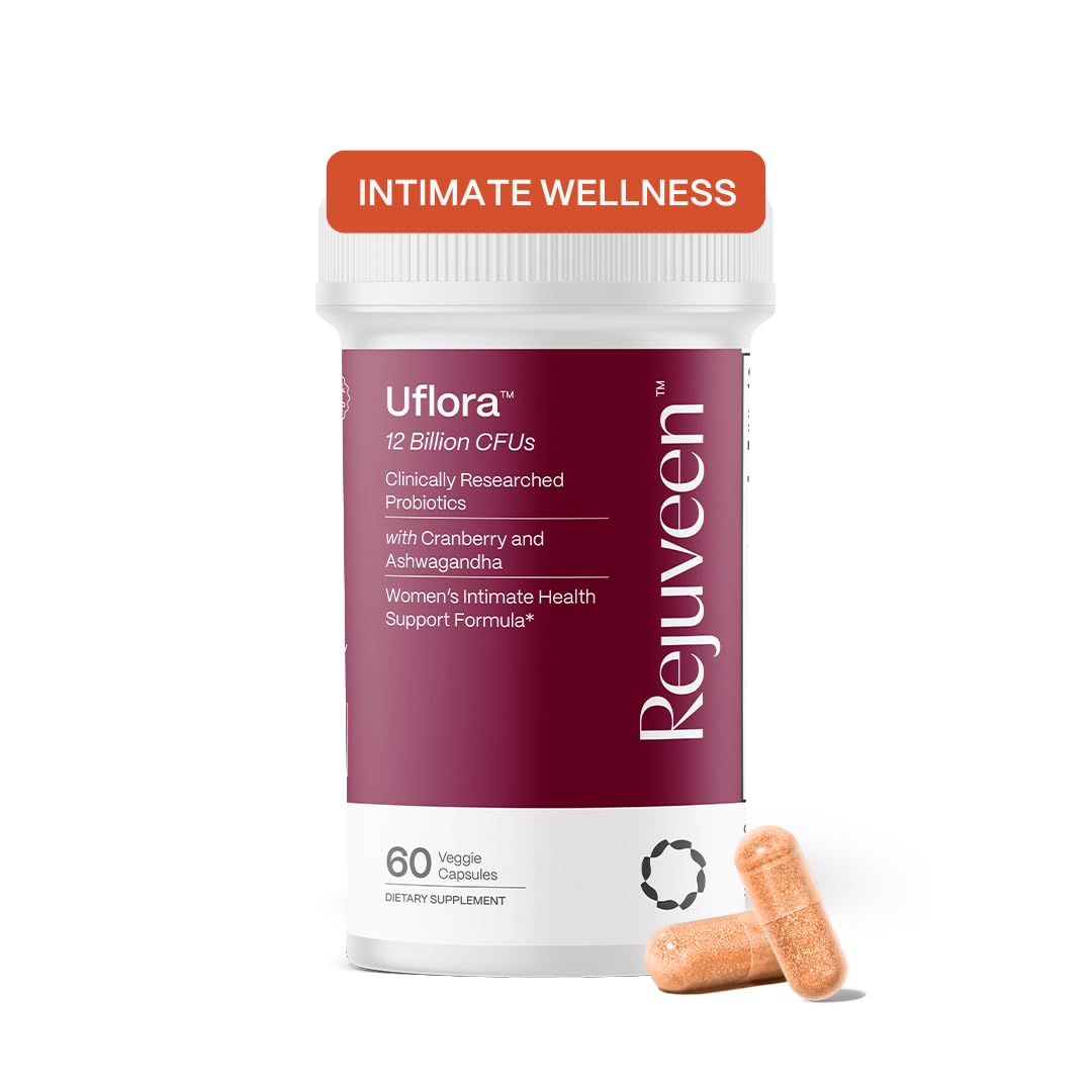 Rejuveen Uflora bottle showing 60 capsules for vaginal health support
