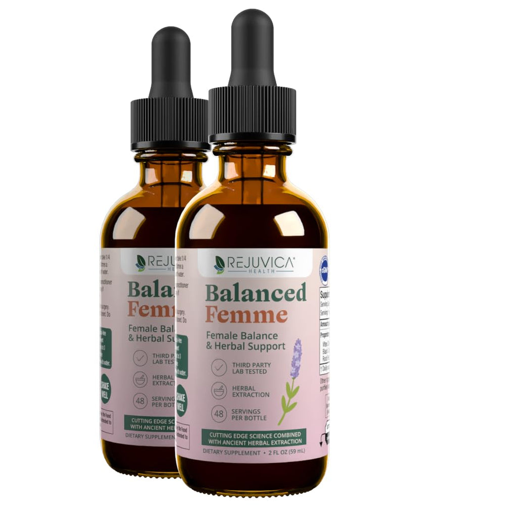 Rejuvica Health Balance Femme bottle shows natural herb blend for menopause support