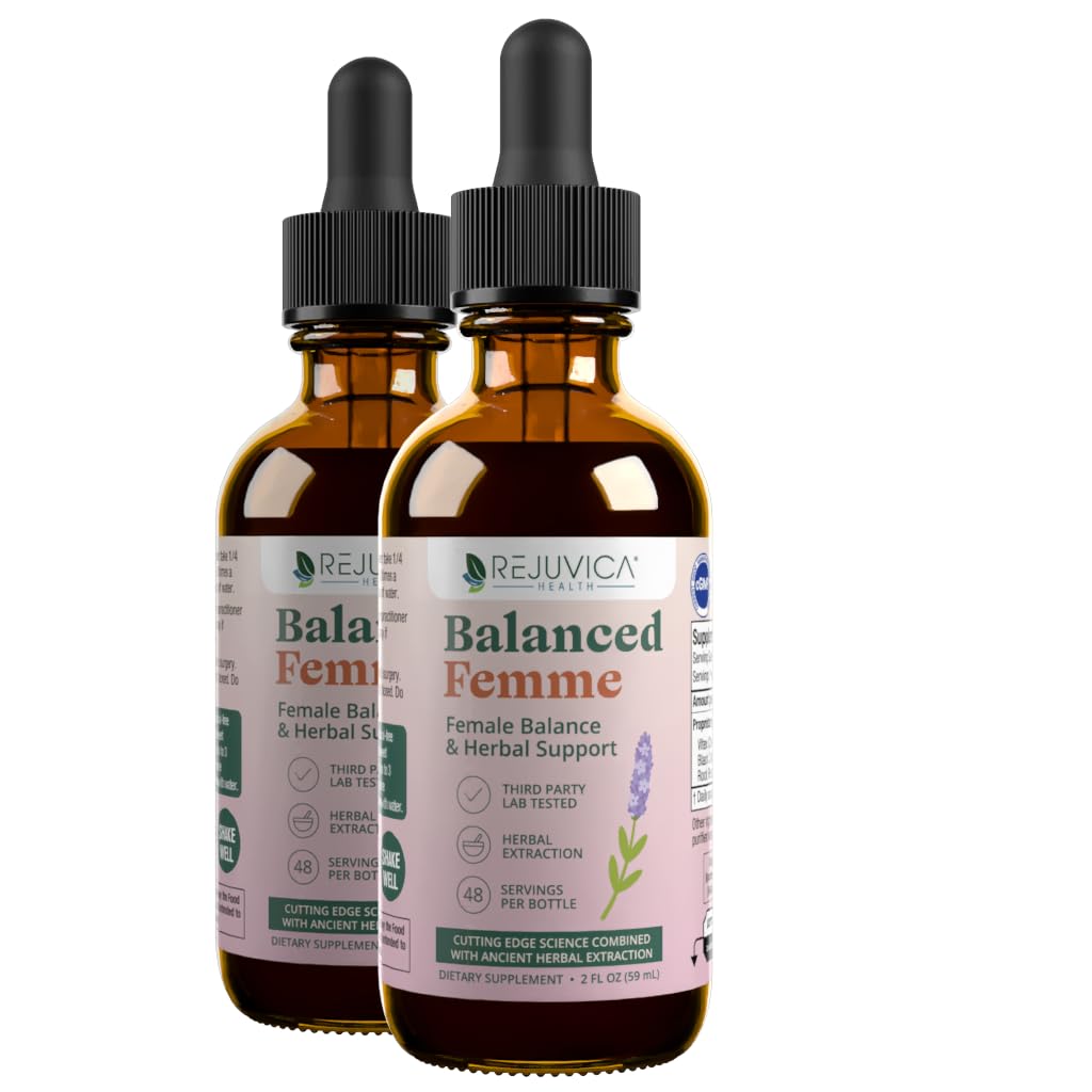 Rejuvica Health Balance Femme bottle shows natural herb blend for menopause support