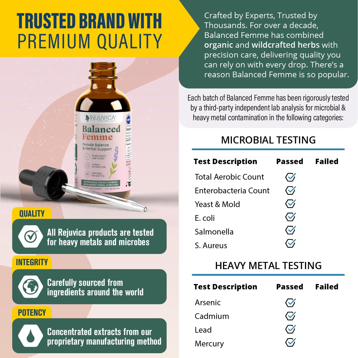 Rejuvica Balance Femme liquid formula highlights alcohol-free extraction