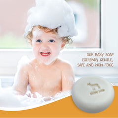 Relaxcation goat milk honey baby soap bar closeup shows creamy lather and soft texture.