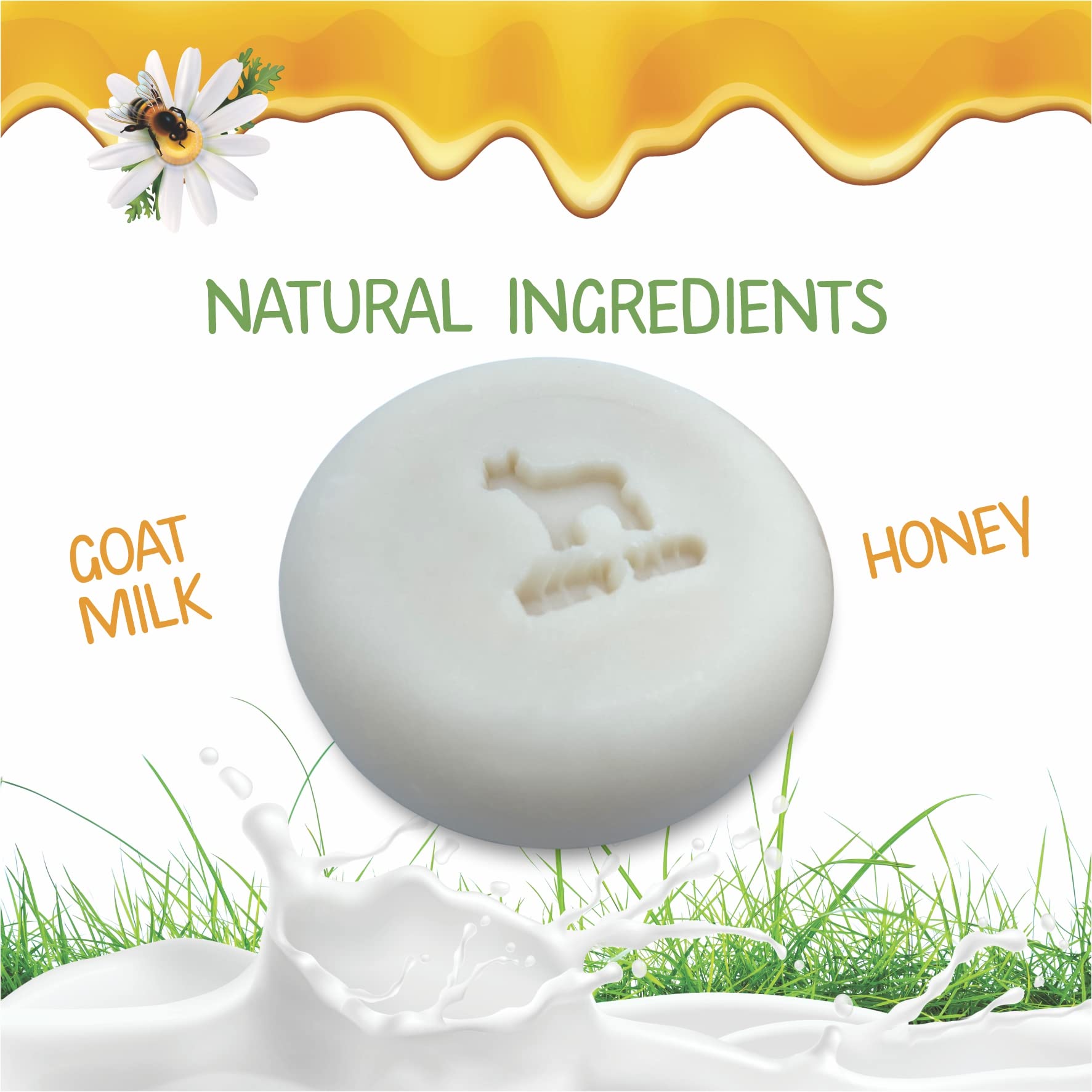 Relaxcation goat milk honey baby soap bar slice highlights natural ingredients and gentle cleansing.