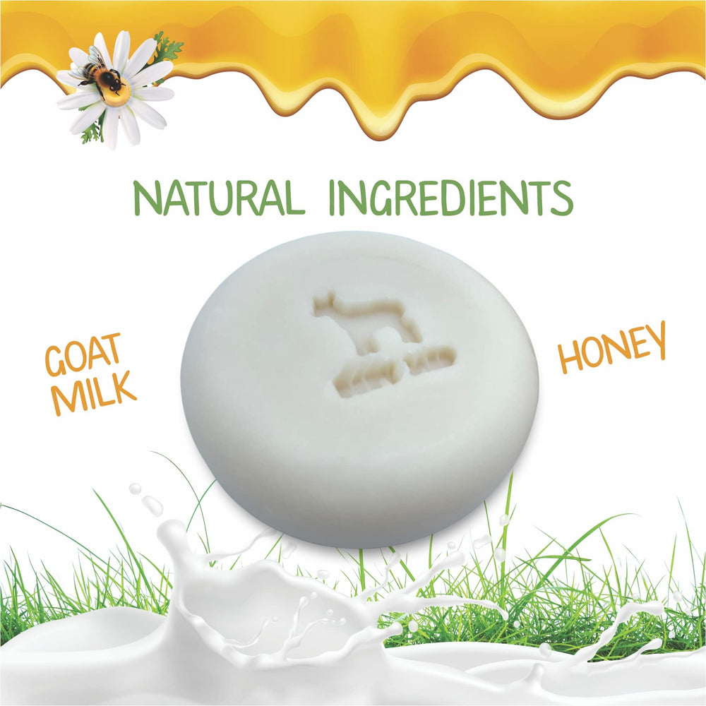 Relaxcation goat milk honey baby soap bar slice highlights natural ingredients and gentle cleansing.