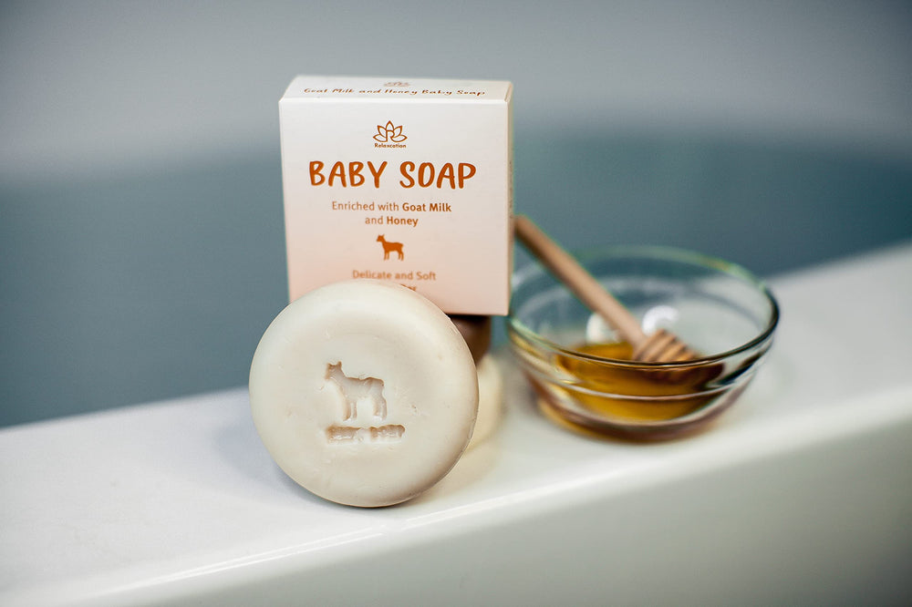 Relaxcation natural ingredients goat milk honey soap illustrates simple, gentle care.