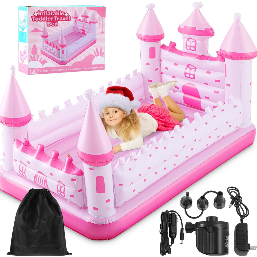 Relaxgiant Pink Castle Inflatable Bed front view showing whimsical castle design for cozy sleep.