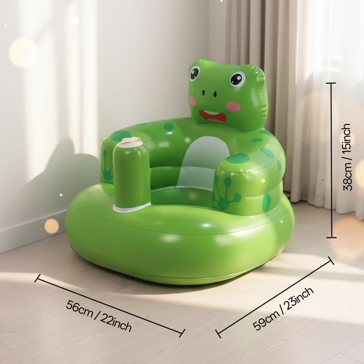Relaxing Baby inflatable frog seat back view highlights protective curved backrest for comfortable seating.