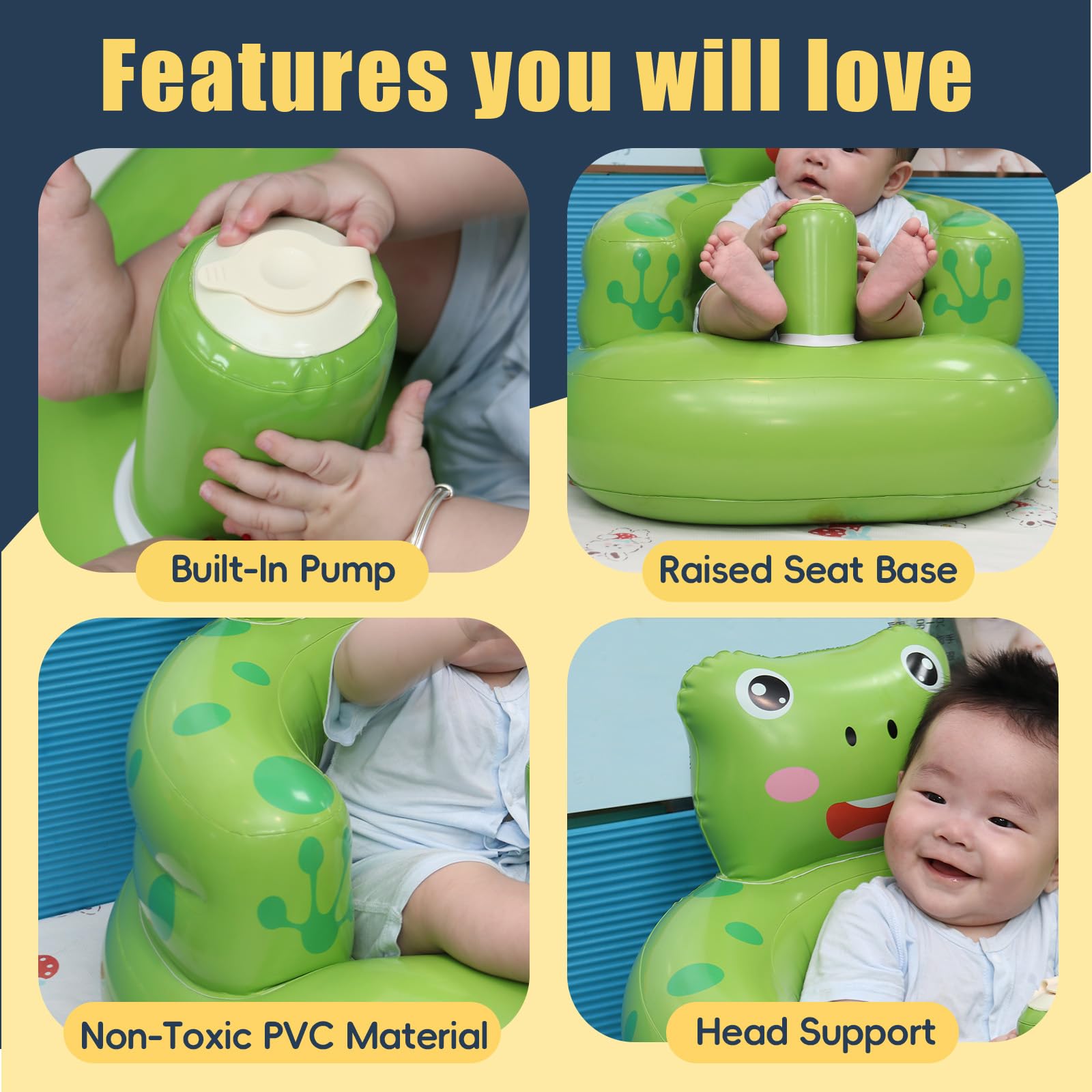 Relaxing Baby inflatable frog seat built-in-pump closeup emphasizes quick setup.