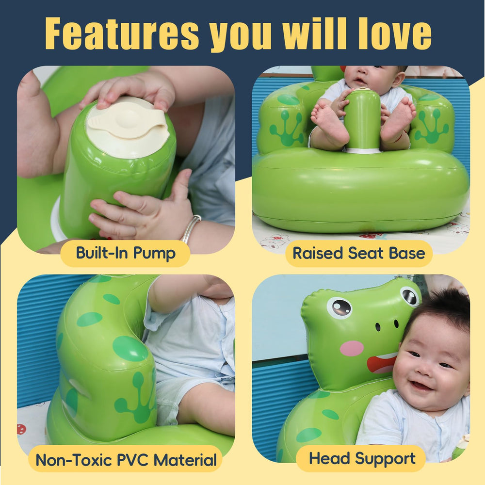 Relaxing Baby inflatable frog seat built-in-pump closeup emphasizes quick setup.
