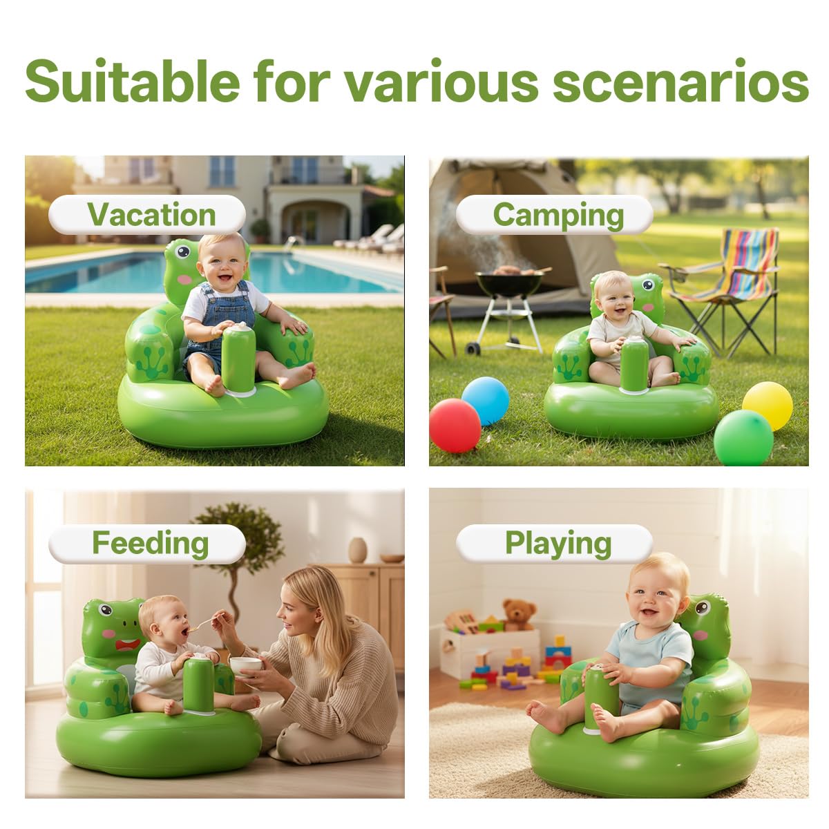 Relaxing Baby inflatable frog seat feeding-setup highlights easy mealtime use.