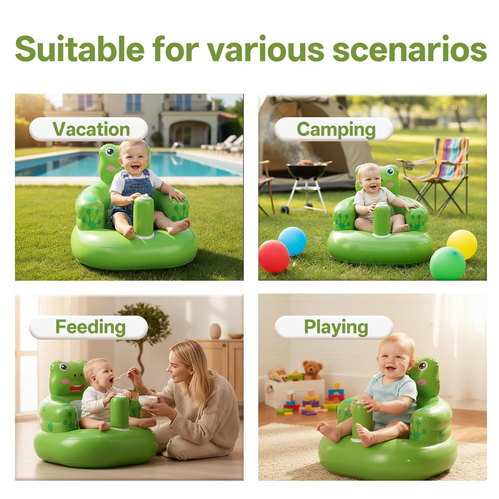 Relaxing Baby inflatable frog seat feeding-setup highlights easy mealtime use.
