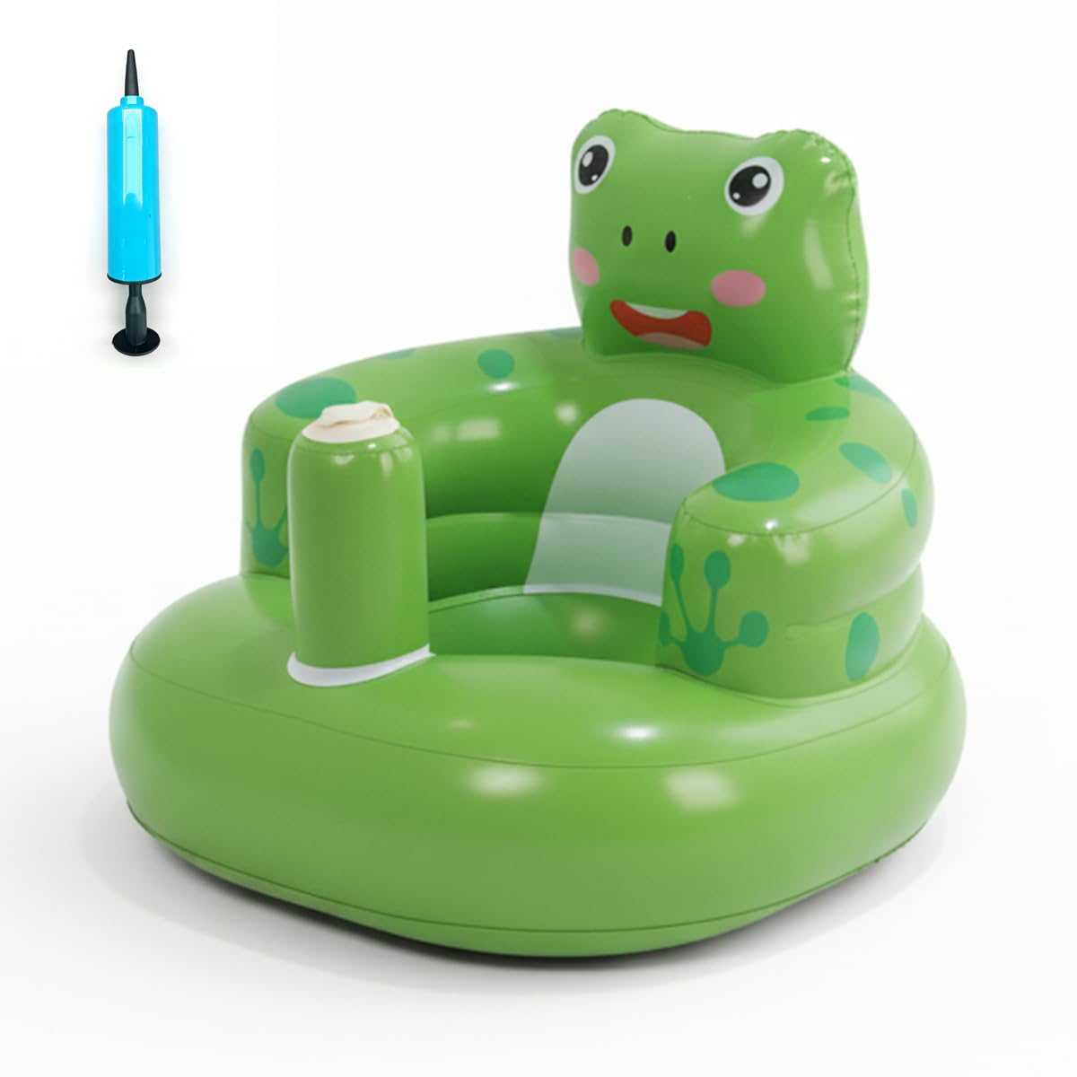 Relaxing Baby inflatable frog seat front view shows ergonomic support for infants learning to sit.