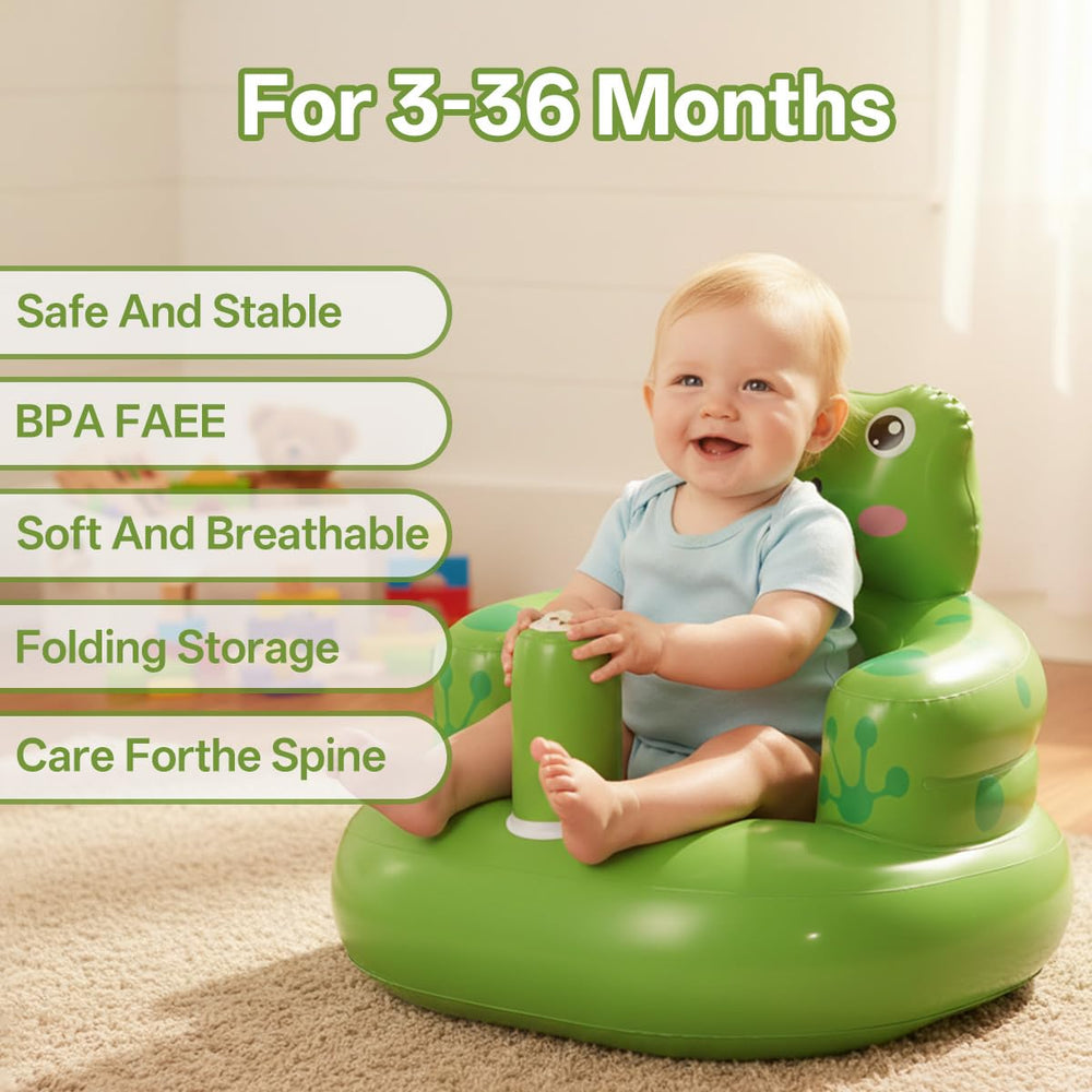 Relaxing Baby inflatable frog seat in-use on floor shows stable space for play and feeding.