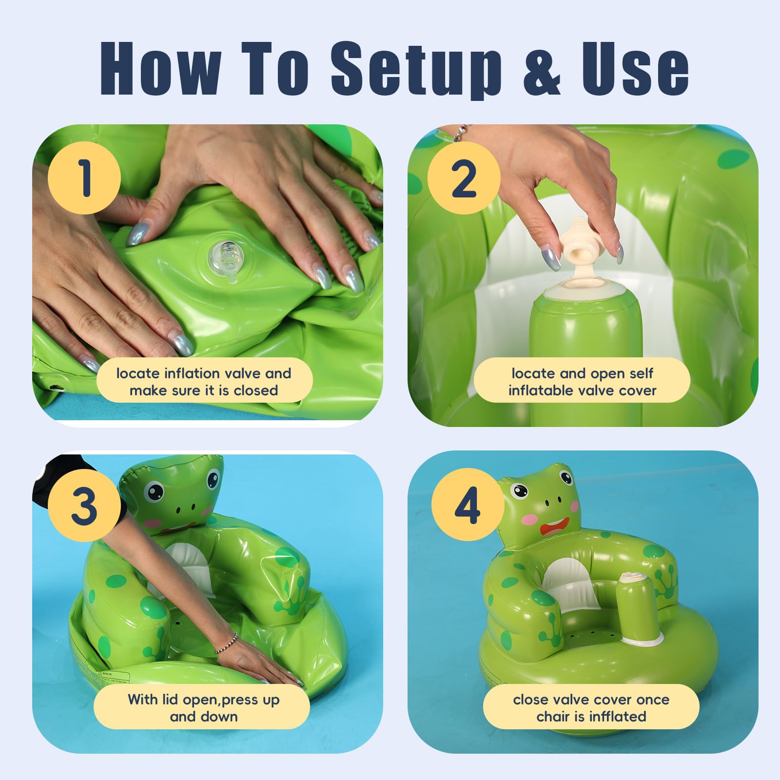 Relaxing Baby inflatable frog seat side view illustrates wrap-like design for gentle embraces.