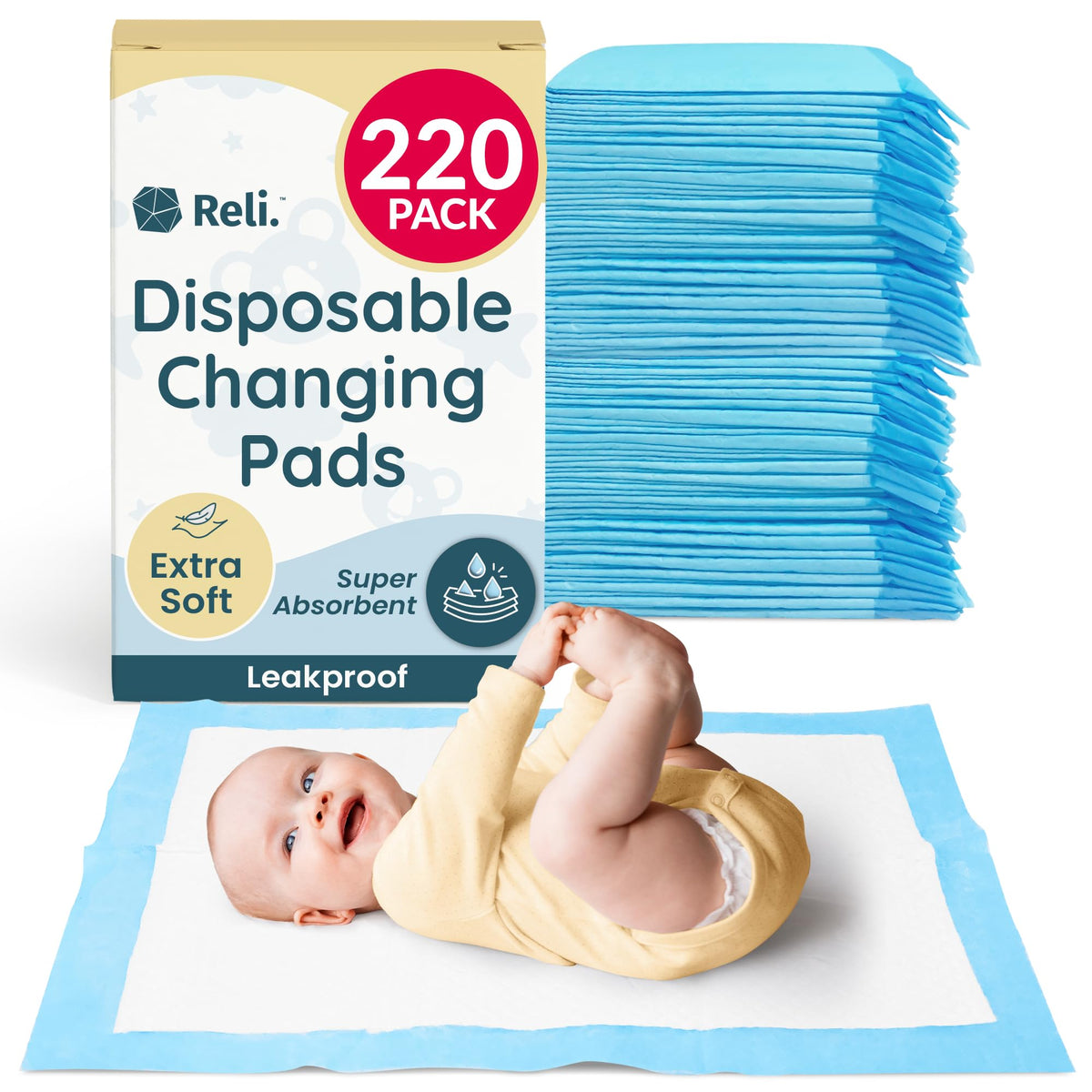 Reli changing pad pack in blue and white, 220-count, great for on-the-go changes.