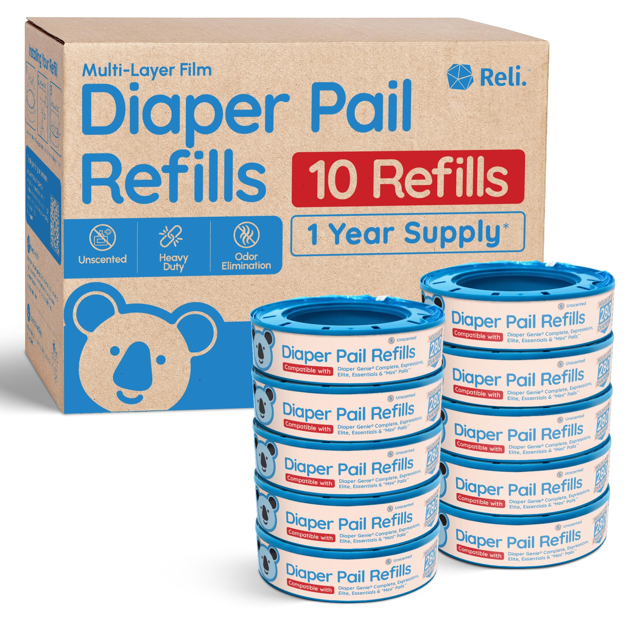 Reli diaper-pail-refill-10-pack ready for quick, mess-free diaper changes.