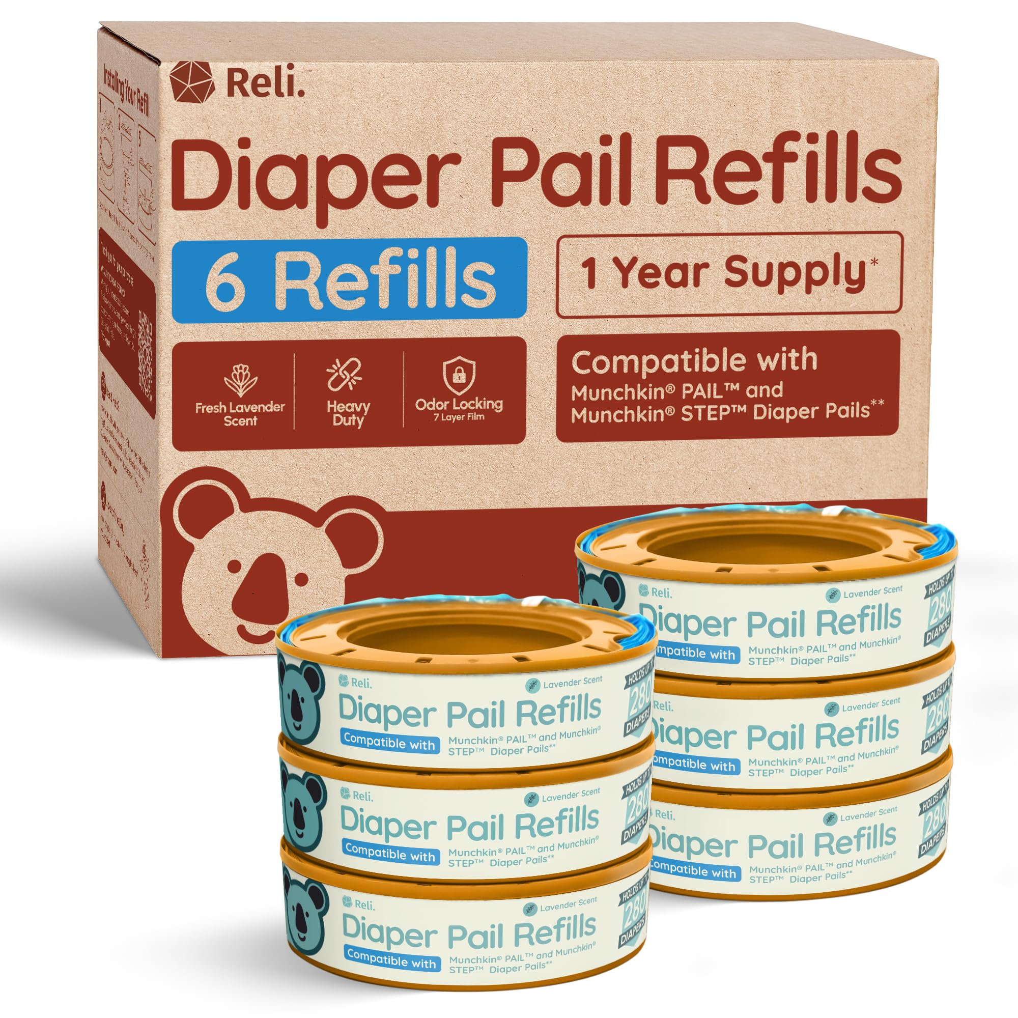 Reli lavender-scent diaper pail refill bags fit Munchkin pails for ongoing freshness.
