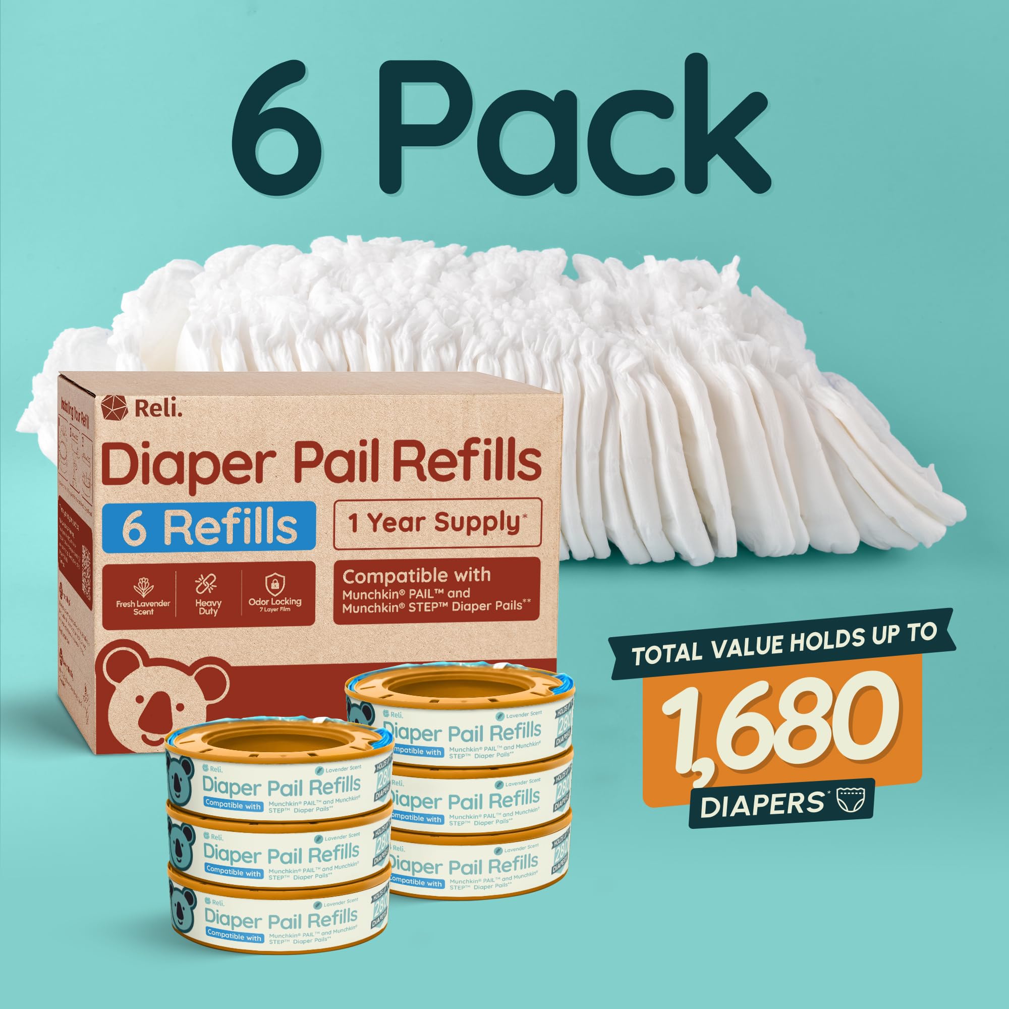 Reli lavender-scent refills compatible with Munchkin STEP pails for easy use.