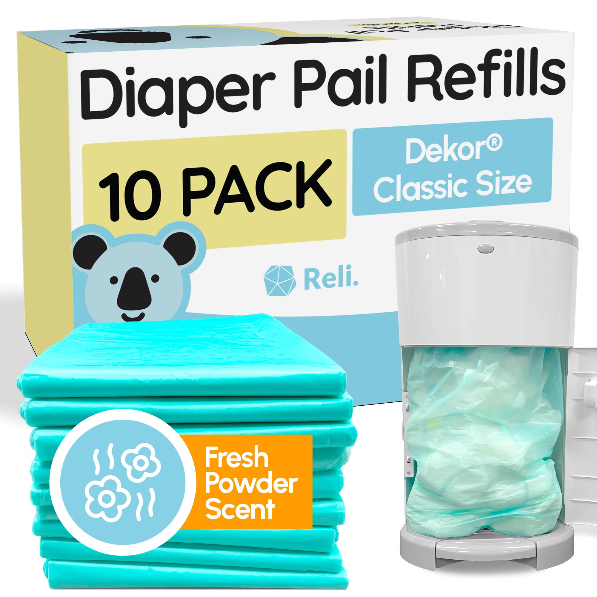 Reli diaper pail refill packaging for Dekor Classic pail with easy setup.