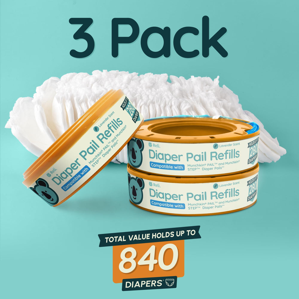 Reli diaper pail refills deliver lavender scent and odor blocking during diaper changes.