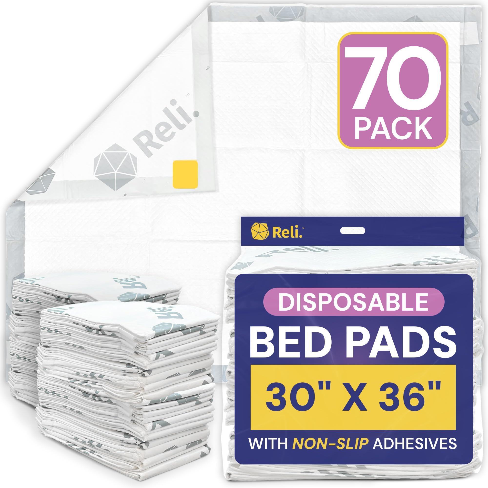 Reli disposable bed pads front view with 70-pack ready for extended protection.