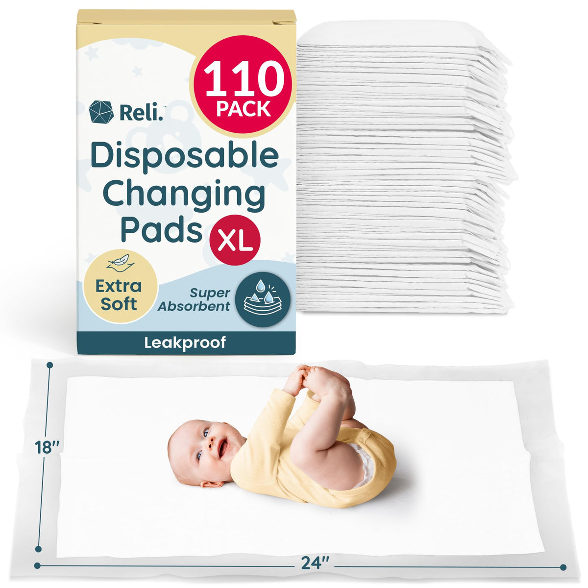 Reli disposable changing pads front view shows a large 18x24 surface for convenient diaper changes.